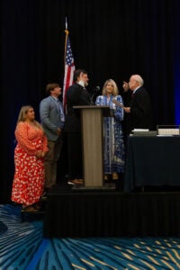 Taylor T. “Tom” Perry, Jr. recites the oath of office as the 149th president of the Alabama State Bar as Alabama Supreme Court Chief Justice Tom Parker administers the oath.